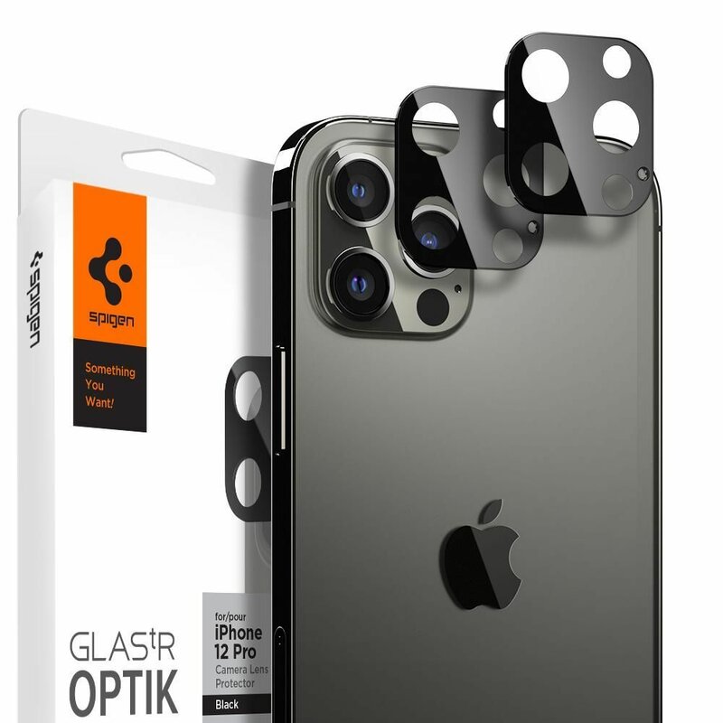 [Pachet 2x] Folie Sticla Camera iPhone 12 Pro Spigen Glas.t R Slim 9H Lens Protector - Black
