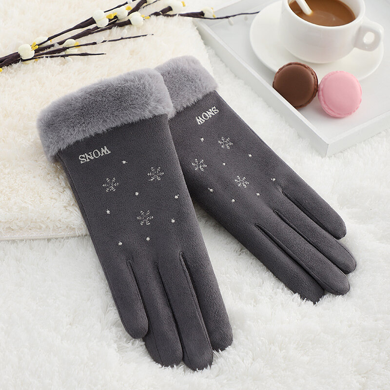 Manusi touchscreen dama Knit Snowflower, piele ecologica, gri