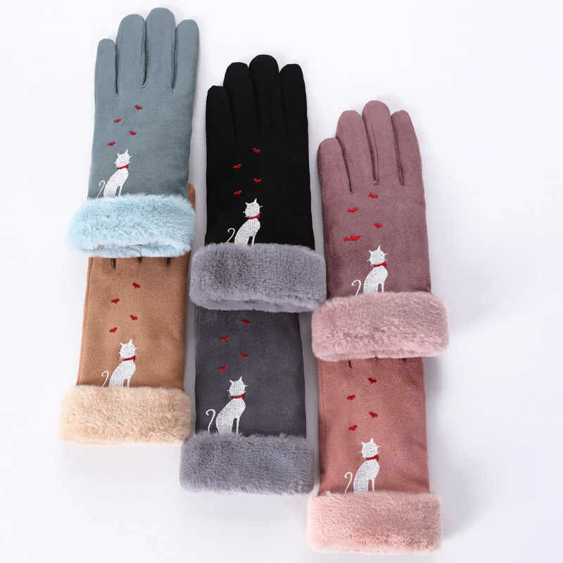 Manusi touchscreen dama Knit Cat, piele ecologica, negru
