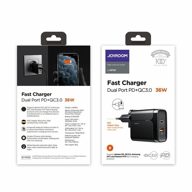 Incarcator priza JoyRoom, USB, Type-C, PD3.0, QC3.0, 36W, negru, L-QP361