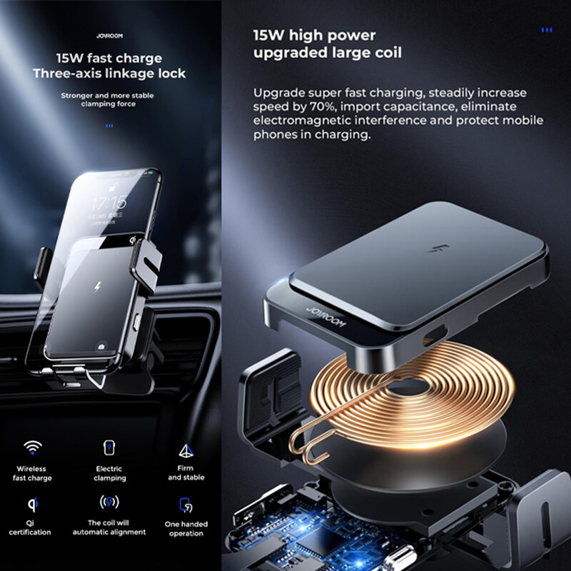 Suport auto incarcare wireless JoyRoom, prindere grila ventilatie, 15W, negru, JR-ZS219