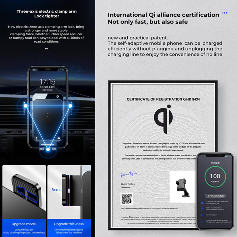 Suport auto incarcare wireless JoyRoom, prindere grila ventilatie, 15W, negru, JR-ZS219