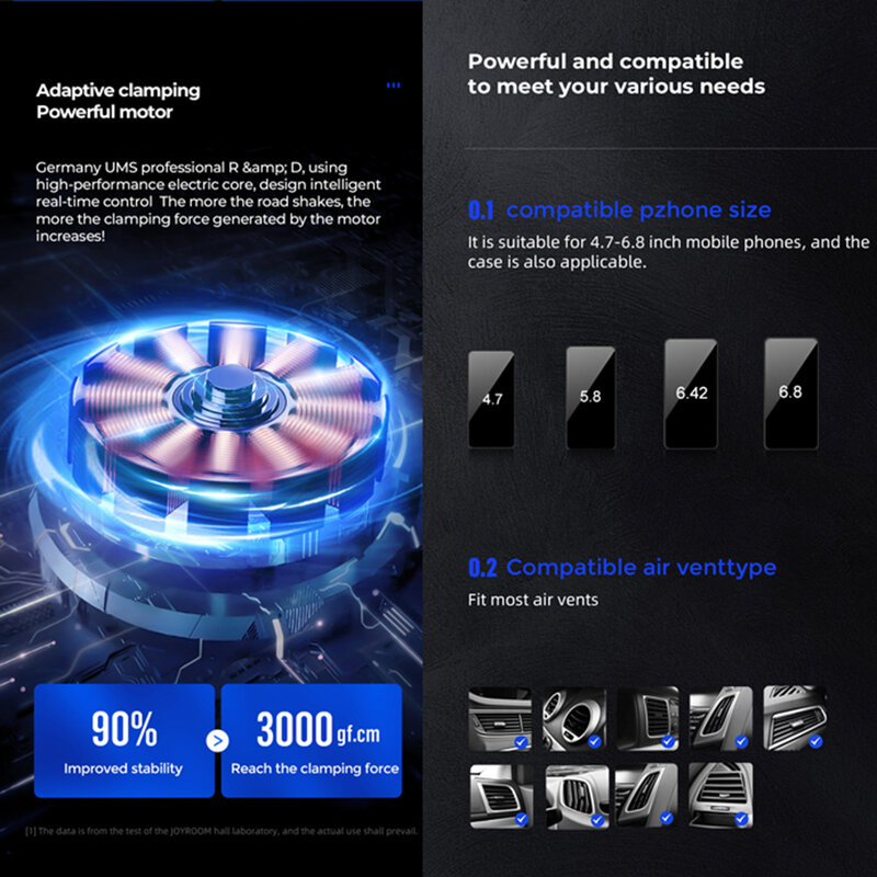 Suport auto incarcare wireless JoyRoom, prindere grila ventilatie, 15W, negru, JR-ZS219