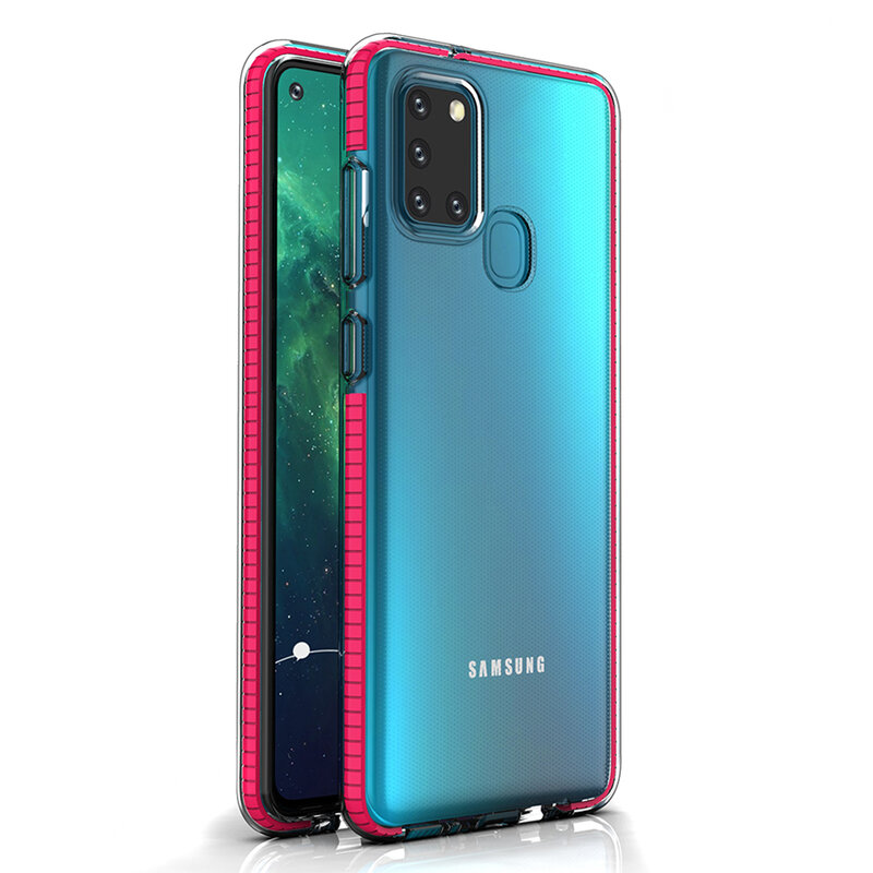 Husa Samsung Galaxy A21s Transparenta Spring Case Flexibila Cu Margini  Colorate - Roz Inchis - CatMobile
