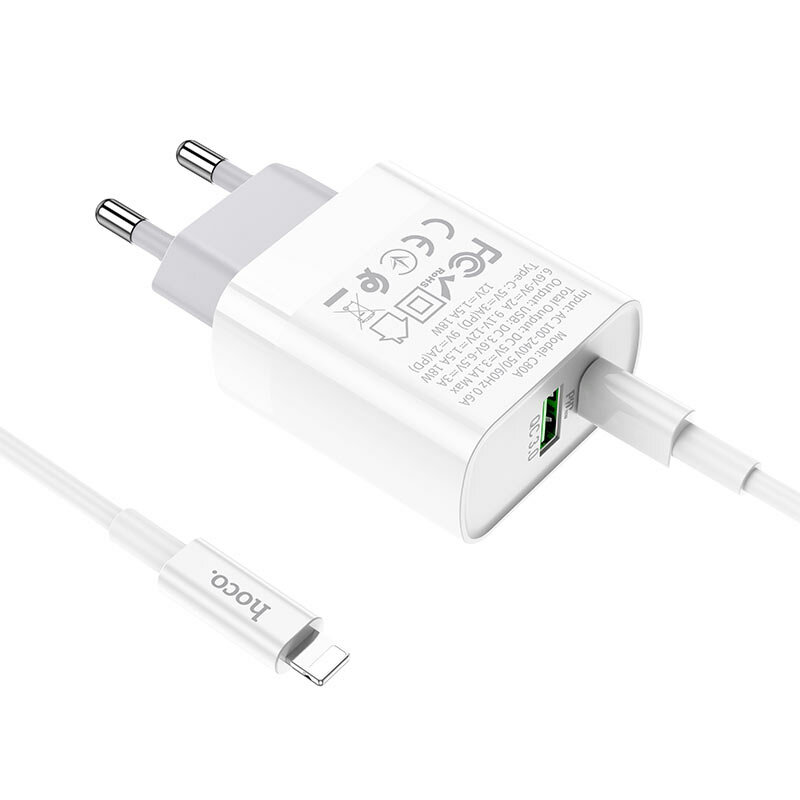 Incarcator priza Hoco C80A, USB QC, Type-C PD 20W, cablu Type-C la Lightning, 3A, 1m, alb