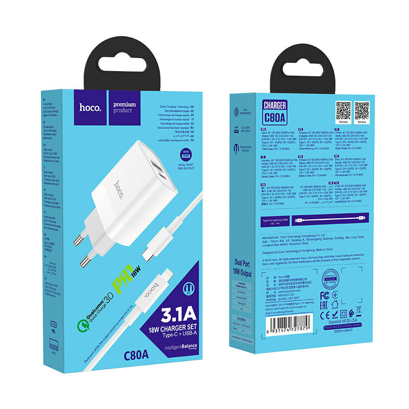 Incarcator priza Hoco C80A, USB QC, Type-C PD 20W, cablu Type-C la Lightning, 3A, 1m, alb