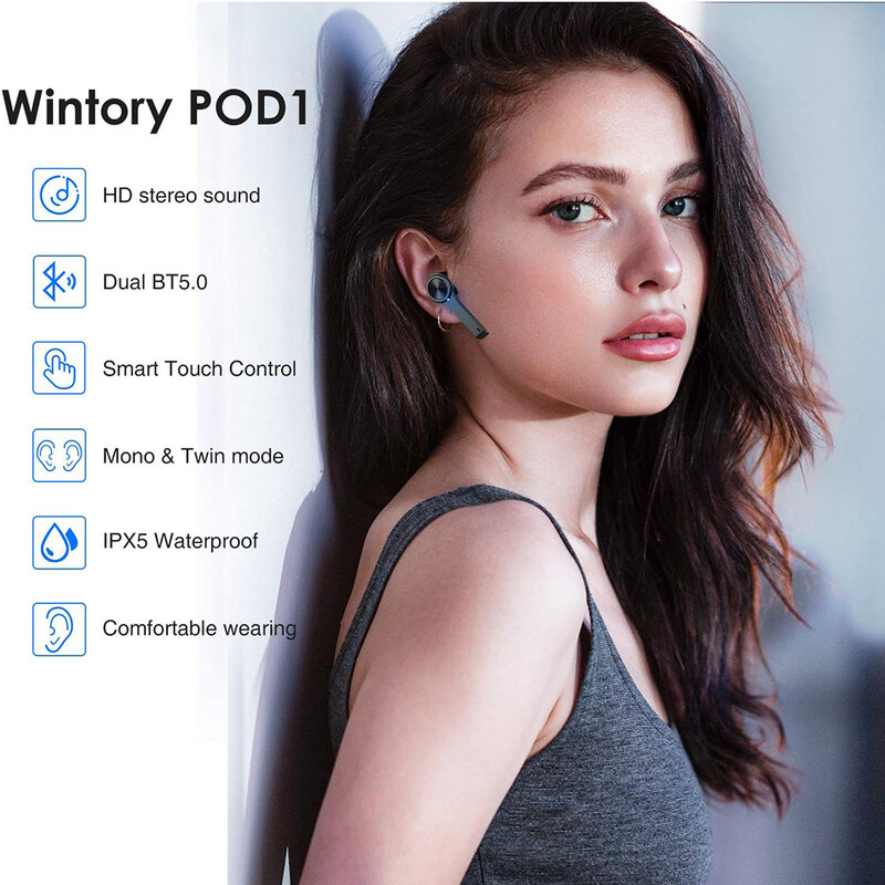 Casti in-ear wireless Wintory POD1, TWS earbuds, Bluetooth, microfon, negru