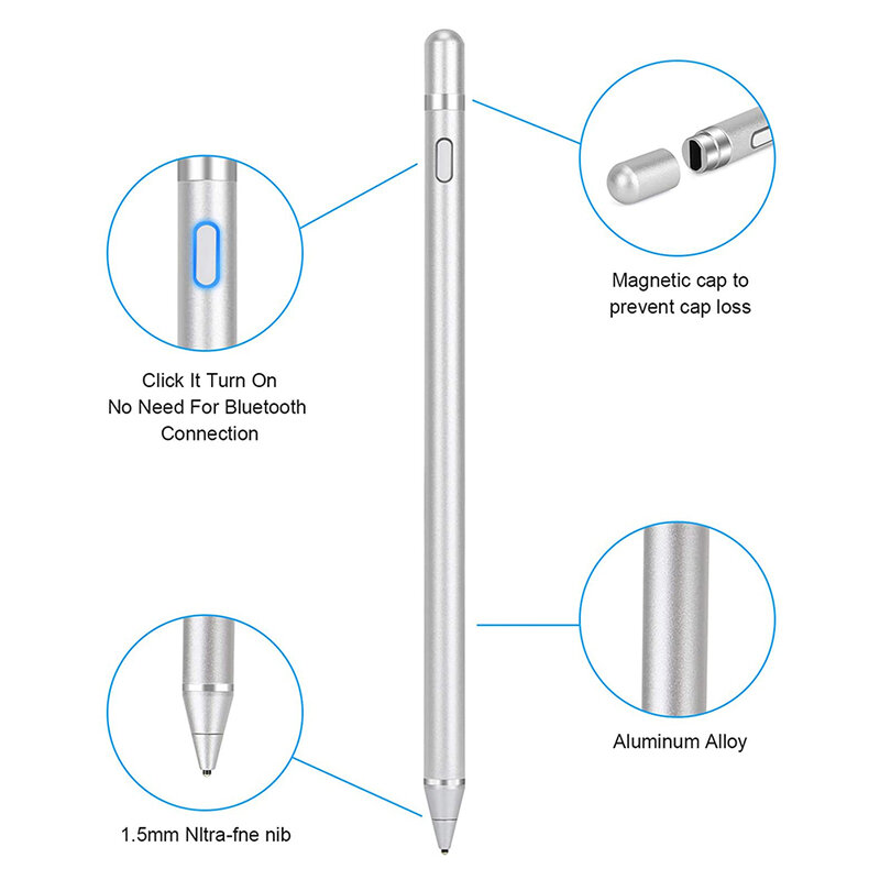 Stylus pen activ Techsuit, iOS, Android, cablu de incarcare Micro-USB, argintiu, JA05