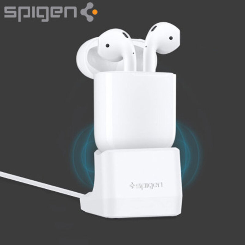 Suport AirPods birou Spigen S313, stand incarcare compatibil Lightning, alb
