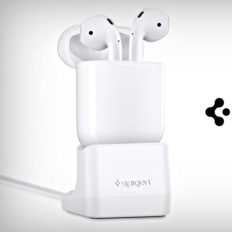 Suport AirPods birou Spigen S313, stand incarcare compatibil Lightning, alb