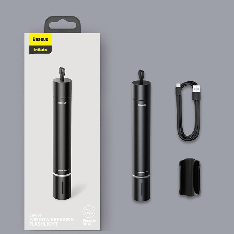 Ciocan urgenta parbriz auto Baseus, lanterna, aluminiu, negru, CRSFH-B01