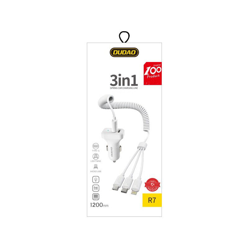 Incarcator Auto Dudao R7 Kit 2xUSB 2.4A + Cablu De Incarcare 3in1 Lightning/Type-C/Micro-USB - Alb