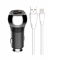 Incarcator Auto LDNIO C1 Cu Incarcare Rapida Type-C PD + USB QC3.0 + Cablu De Incarcare Lightning 36W - Negru