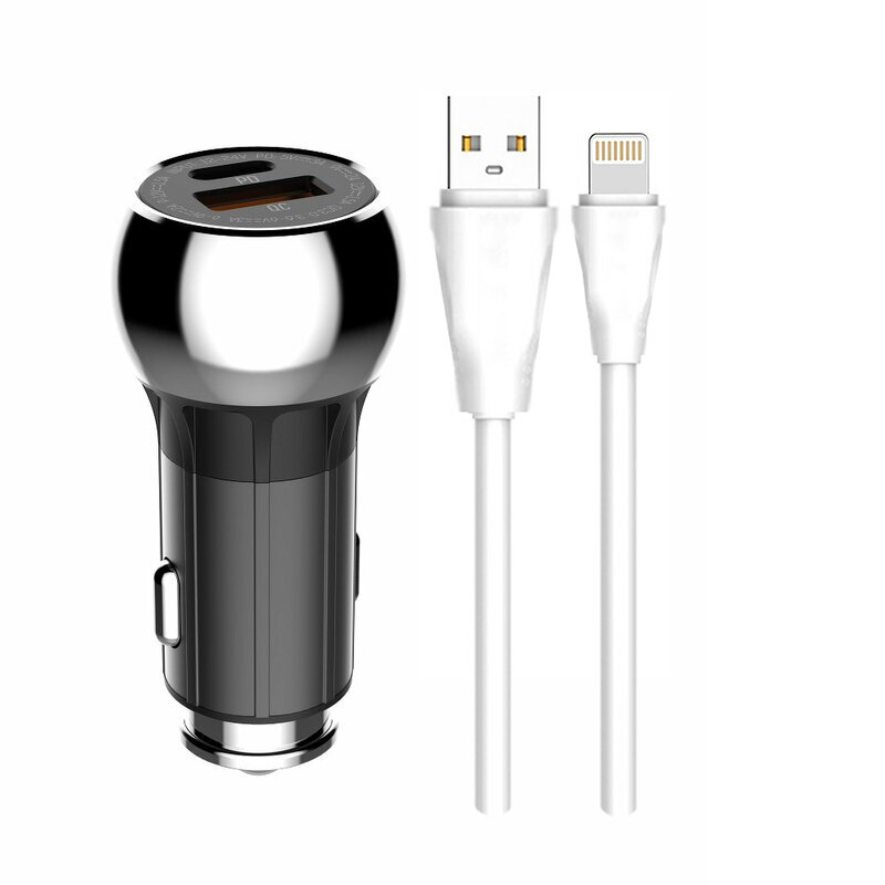 Incarcator Auto LDNIO C1 Cu Incarcare Rapida Type-C PD + USB QC3.0 + Cablu De Incarcare Lightning 36W - Negru