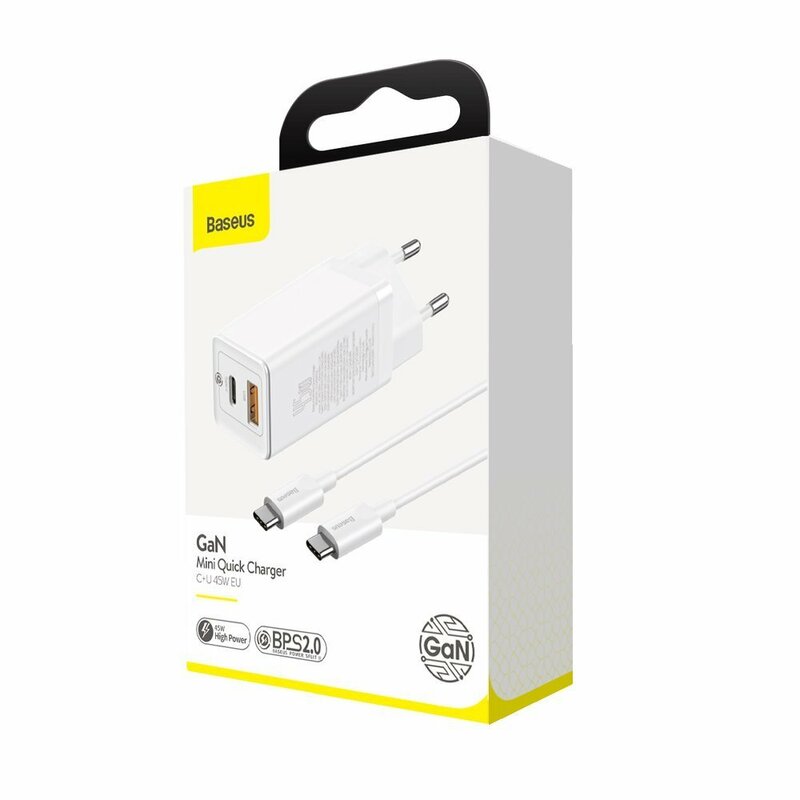 Incarcator priza Baseus USB, Type-C, cablu Type-C 1m, 45W, alb, CCGAN-Q02