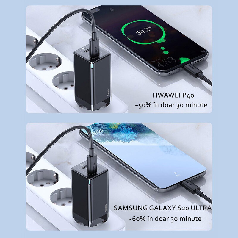Incarcator priza Baseus USB, Type-C, cablu Type-C 1m, 45W, negru, CCGAN-Q01
