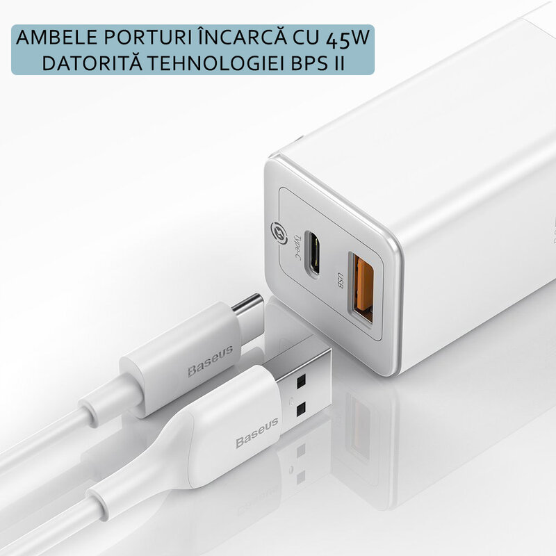 Incarcator priza Baseus USB, Type-C, cablu Type-C 1m, 45W, alb, CCGAN-Q02