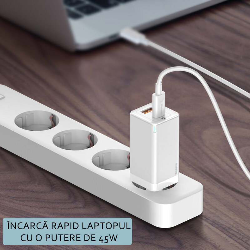 Incarcator priza Baseus USB, Type-C, cablu Type-C 1m, 45W, alb, CCGAN-Q02