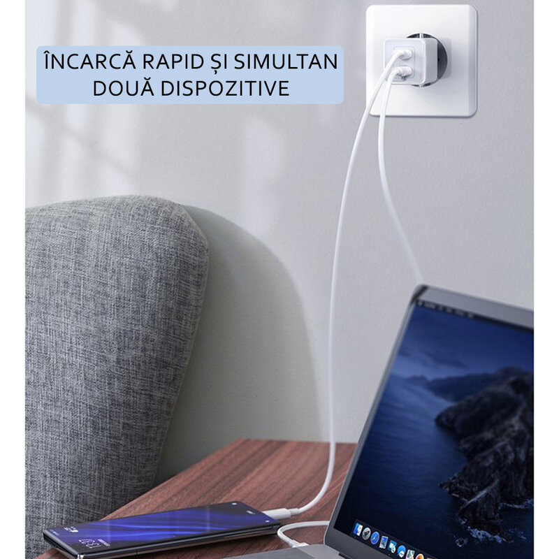 Incarcator priza Baseus USB, Type-C, cablu Type-C 1m, 45W, alb, CCGAN-Q02