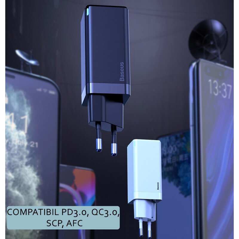 Incarcator priza Baseus USB, Type-C, cablu Type-C 1m, 45W, alb, CCGAN-Q02