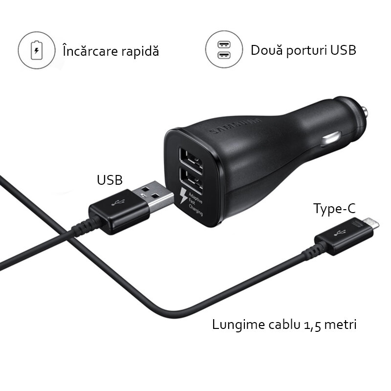 Incarcator Auto Original Samsung 2xUSB + Cablu de date Type-C - Negru EP-LN920CBEGWW