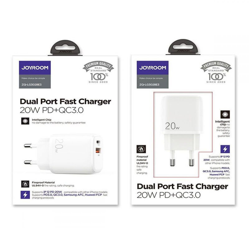 Incarcator priza JoyRoom, USB QC 3.0, Type-C PD 20W, alb, ZQ-LG3028E3
