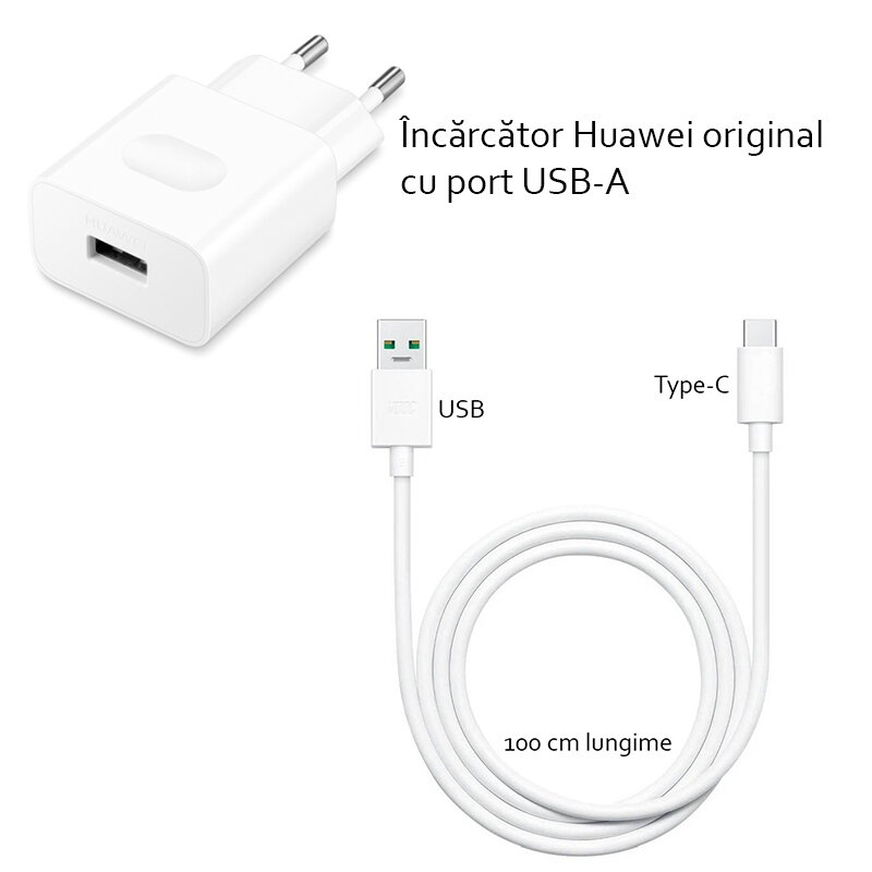 Incarcator Priza Original Huawei + Cablu de Date Type-C HW-059200EHQ - Alb Bulk