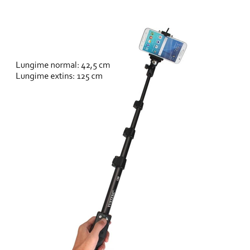 Suport Selfie Stick Universal YT-1288 Wireless Cu Telecomanda Bluetooth Si Lungime Maxima De 125cm - Negru