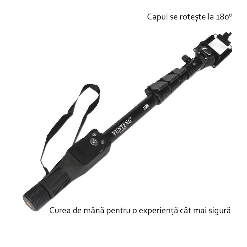 Suport Selfie Stick Universal YT-1288 Wireless Cu Telecomanda Bluetooth Si Lungime Maxima De 125cm - Negru