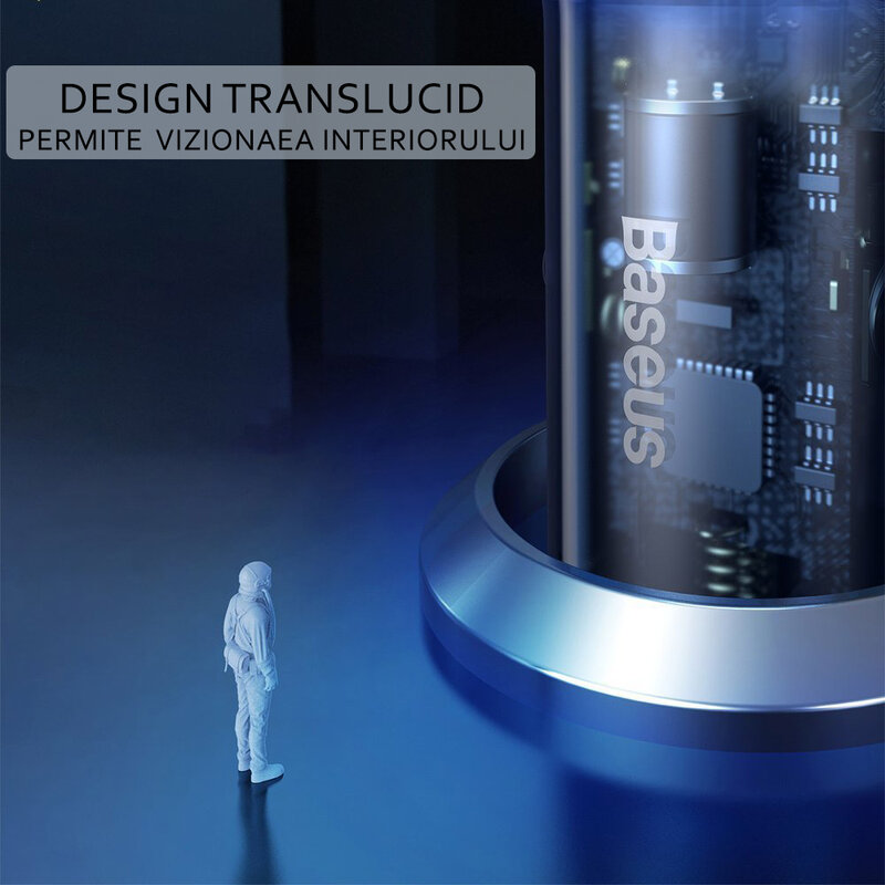 Incarcator auto Baseus, Type-C PD3.0, USB QC4.0, 65W, transparent, CCKX-C0A