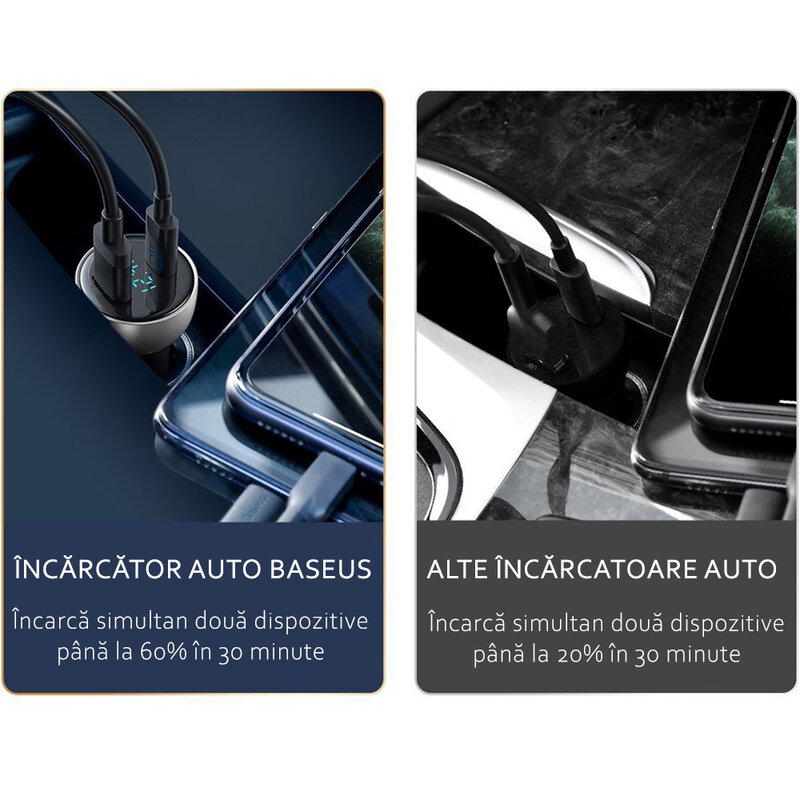 Incarcator auto Baseus, Type-C PD3.0, USB QC4.0, 65W, transparent, CCKX-C0A