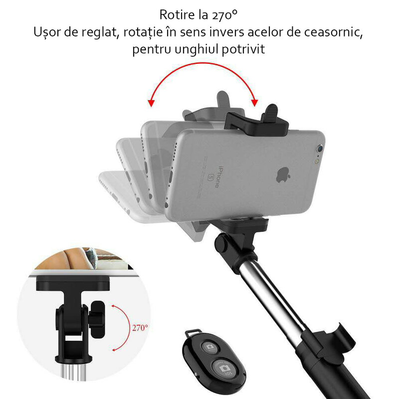 Selfie stick Blun, universal, mini tripod, cu telecomanda bluetooth, alb