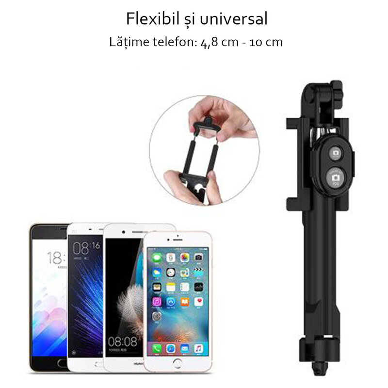 Selfie stick Blun, universal, mini tripod, cu telecomanda bluetooth, alb