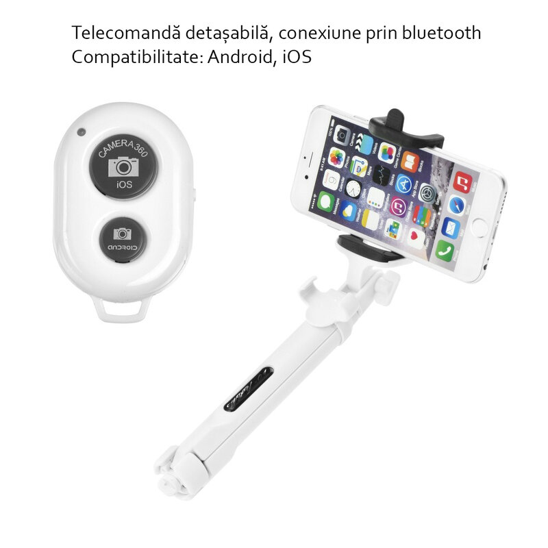 Selfie stick Blun, universal, mini tripod, cu telecomanda bluetooth, alb