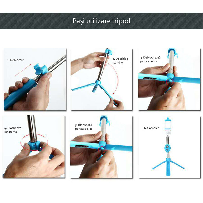 Selfie stick Blun, universal, mini tripod, cu telecomanda bluetooth, alb