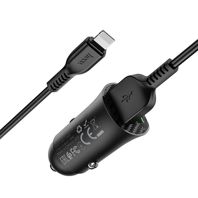 Incarcator auto Hoco Z39, 2x USB QC3.0, 18W + cablu Lightning 1m, negru