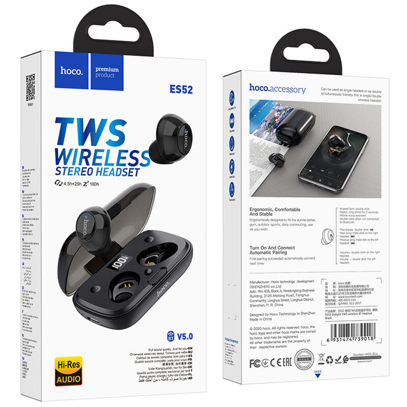 Casti wireless Hoco ES52, TWS earbuds, bluetooth, negru