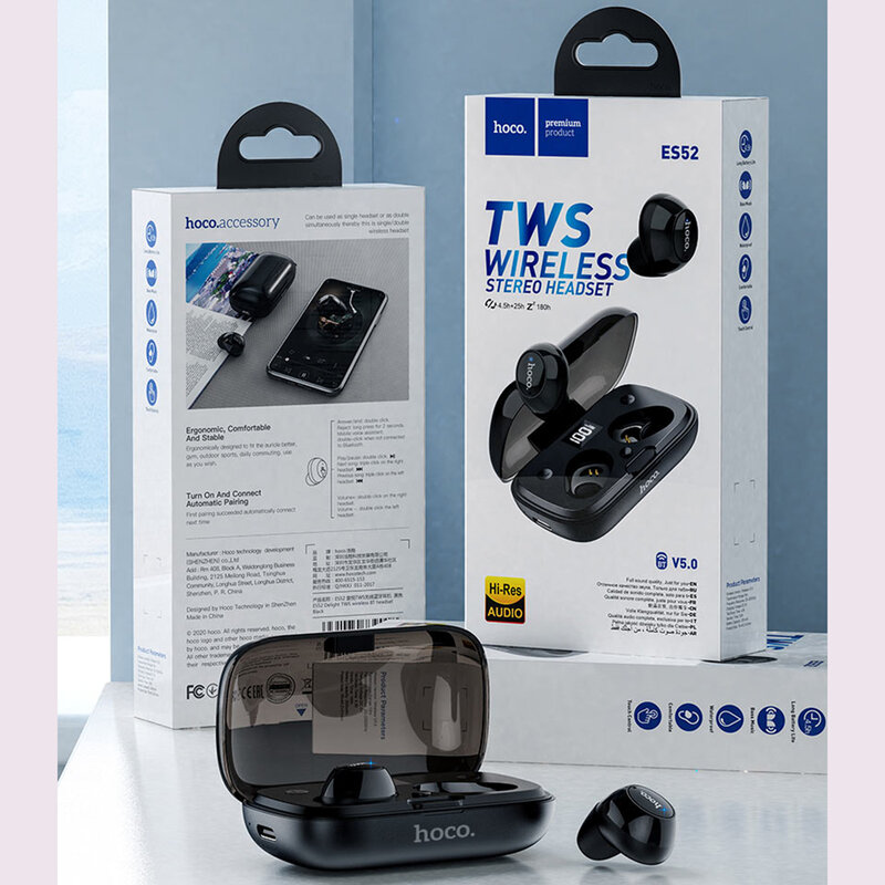 Casti wireless Hoco ES52, TWS earbuds, bluetooth, negru