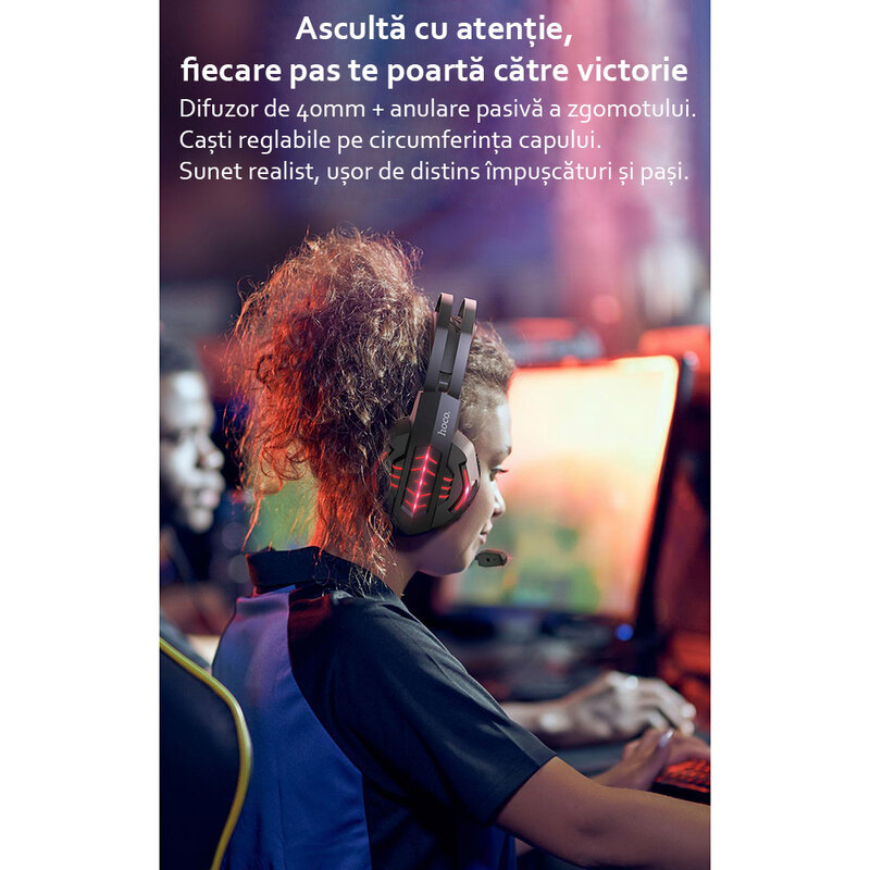 Casti gaming on-ear Hoco W102 cu microfon, Jack 3.5mm, USB, rosu