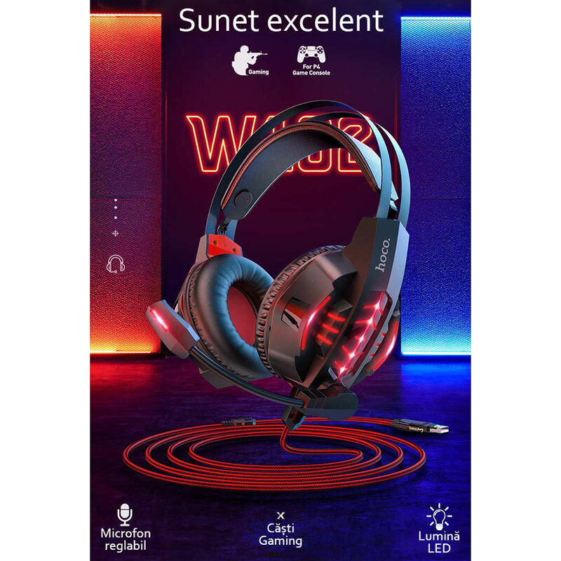 Casti gaming on-ear Hoco W102 cu microfon, Jack 3.5mm, USB, rosu