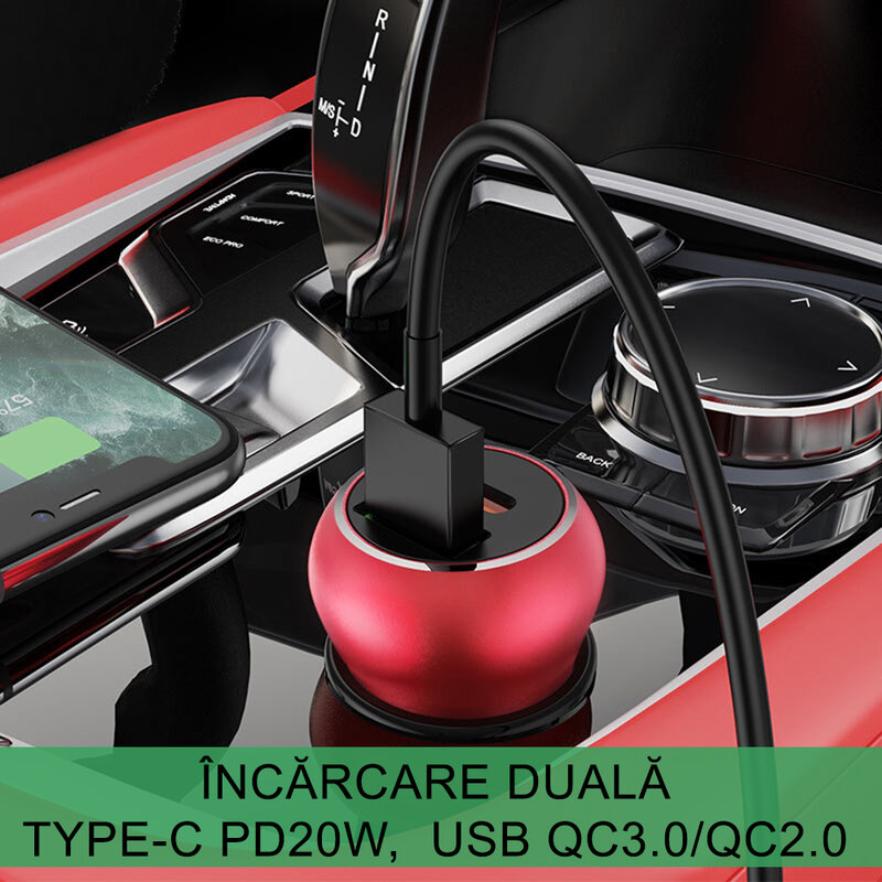 Incarcator auto Hoco Z38, USB QC3.0 18W, Type-C PD 20W, rosu