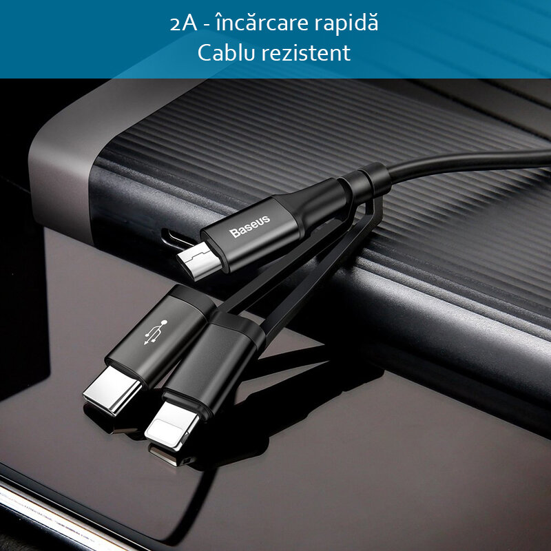 Cablu de date Micro USB/ USB-C/ Lightning Baseus Excellent - CA3IN1-ZY01 - Negru