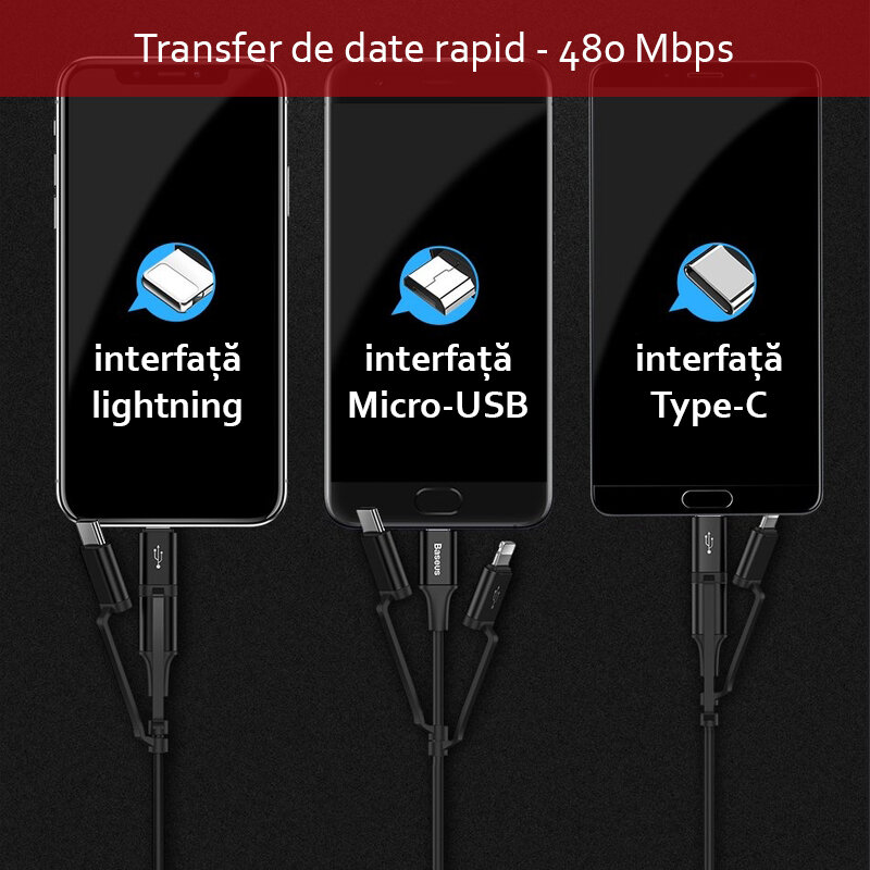 Cablu de date Micro USB/ USB-C/ Lightning Baseus Excellent - CA3IN1-ZY01 - Negru