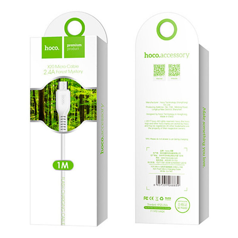 Cablu de date Flash Charging Micro-USB Hoco X20 1M 2.4A, alb