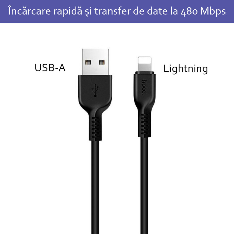 Cablu de date Flash Charging Lightning Hoco X20 1M 2.4A, negru