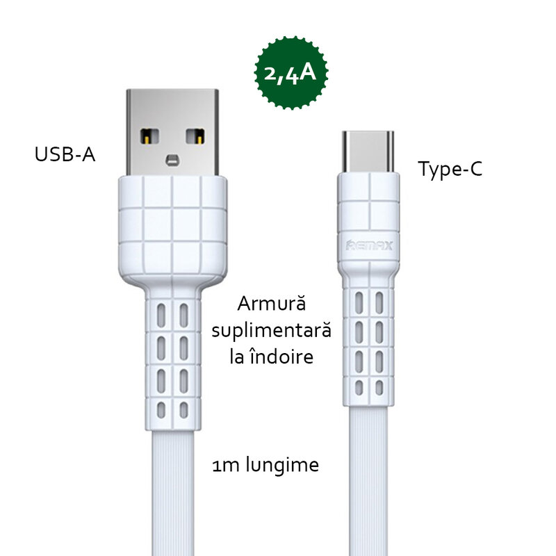 Cablu de date Type-C Remax RC-116a 1M 2.4A - Alb