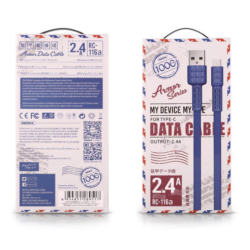 Cablu de date Type-C Remax RC-116a 1M 2.4A - Albastru