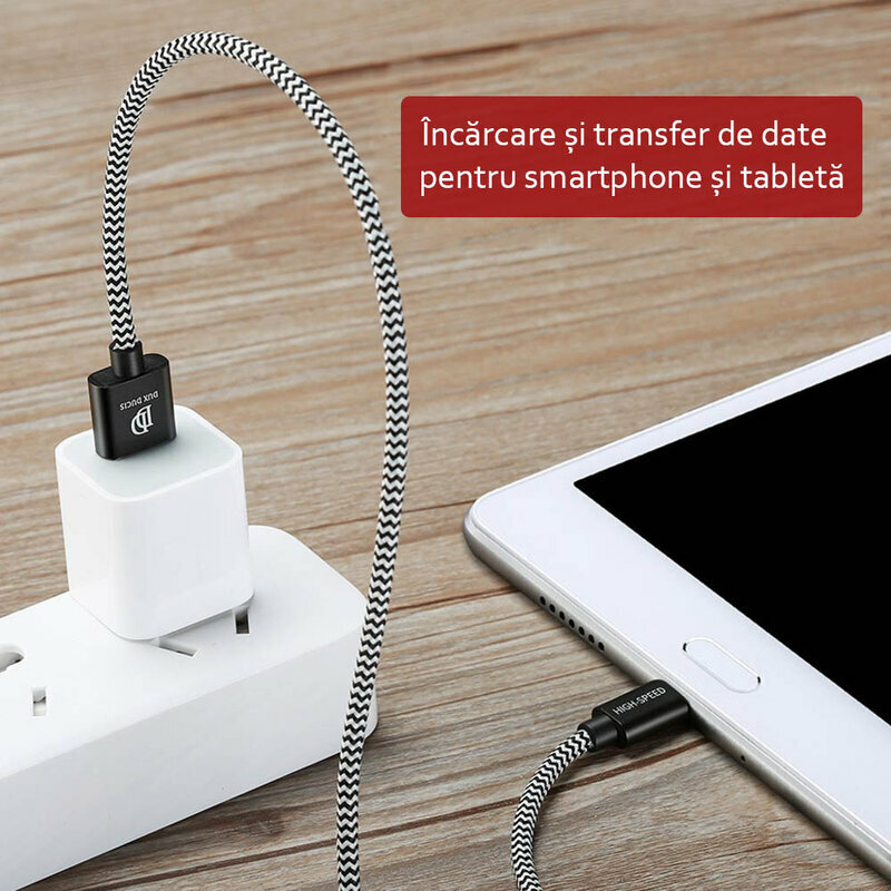 Cablu de date Dux Ducis K-One USB la Lightning, 2m, 2.1A, alb-negru