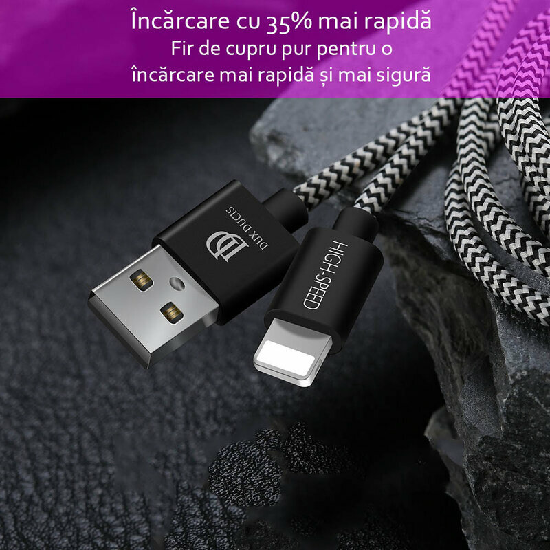 Cablu de date Dux Ducis K-One USB la Lightning, 2m, 2.1A, alb-negru