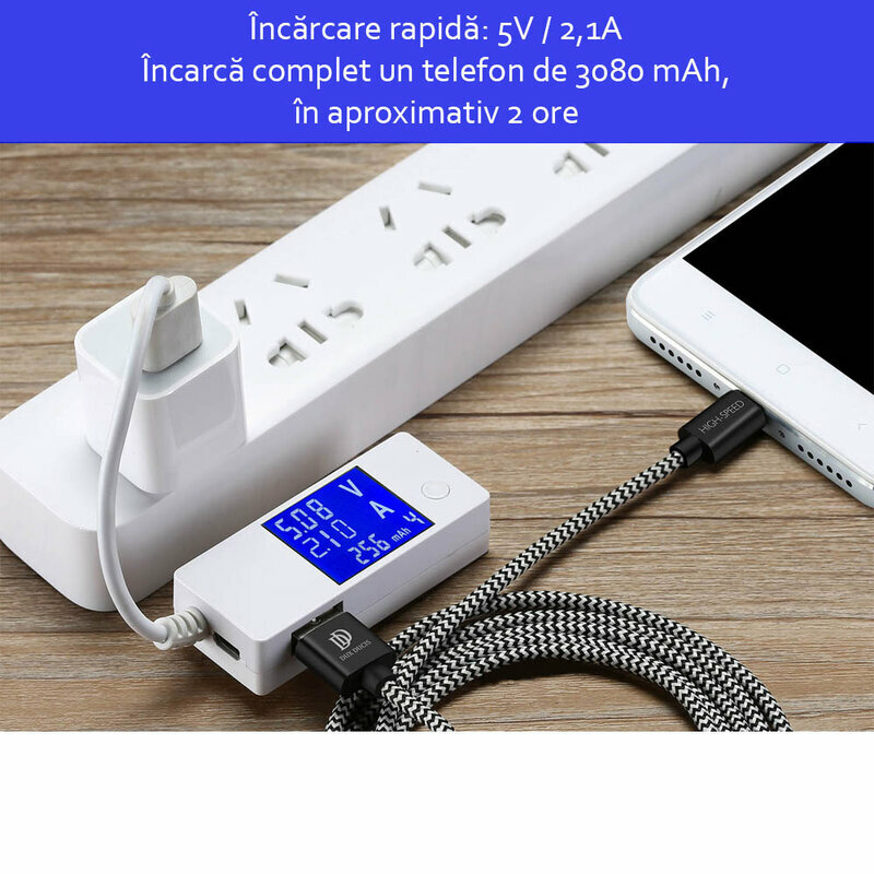 Cablu de date Dux Ducis K-One USB la Micro-USB, 25cm, 2.1A, alb-negru